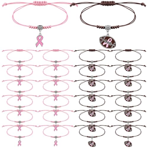 Breast Cancer Awareness Bracelets Bulk, Pink Ribbon Adjustable Football Bracelet Items Inspirational Wristband Accessories for Women Gifts Survior Party Favor