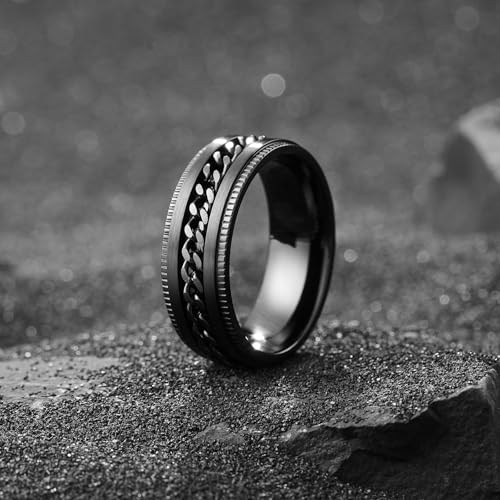 Image of King Will Black /Blue Stainless Steel 8mm Rings for Men Center Chain Spinner Ring, Size 7-14