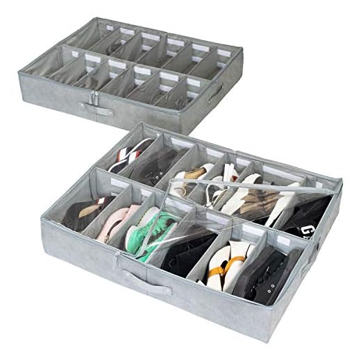 storageLAB Under Bed Shoe Storage Organizer, Adjustable Dividers - Set of 2, Fits 24 Pairs Total - Underbed Storage Solution (2-Pack Basic)