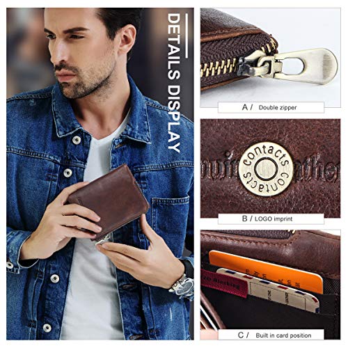 Contacts Small Leather Wallet for Men Bifold Coin Purse Rfid Blocking Card Holder Vintage Wallet with Zipper Coin Pocket 13 Card Slots3