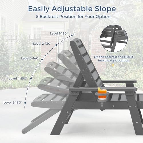 Outdoor Chaise Lounge Chair,Heavy Solid Patio Chaise Lounge with Arm/Cup Holder,HDPE Lounge Chair Outdoor[Wind Resistant and 100% Waterproof],400LBS Adirondack Lounge Chair with 5-Position Backrest - Thumbnail 7