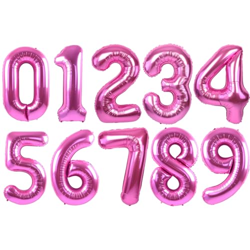 Image of TONIFUL Number Balloon 16 Inch 10 Pcs Hot Pink 0-9 Birthday Number Balloons | Small Custom Digital Mylar Foil Ballons for Girl's Birthday Engagement Graduation Anniversary Baby Shower Party Decorations