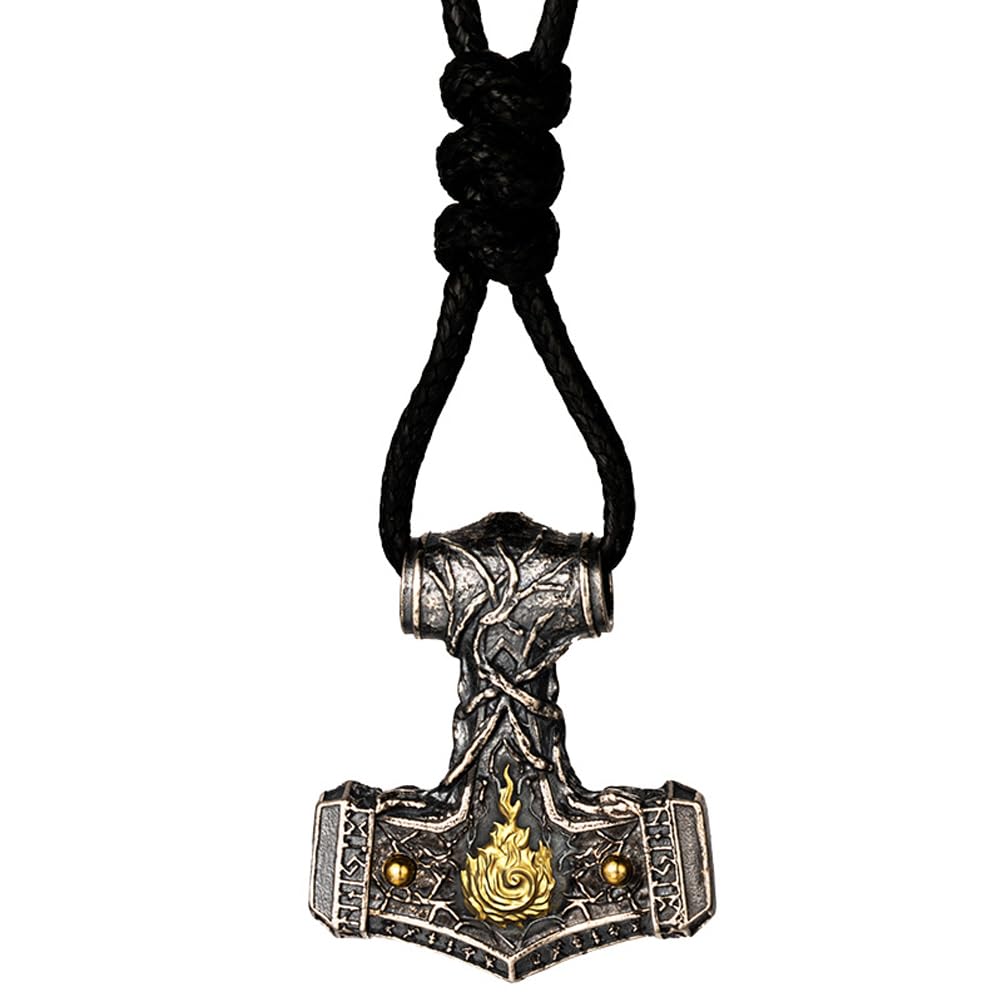 Collana con martello di Thor vichingo ciondolo Mjolnir in argento sterling 925 bicolore con quattro elementi gioielli della mitologia norrena per uomo donna cordino nero e catena