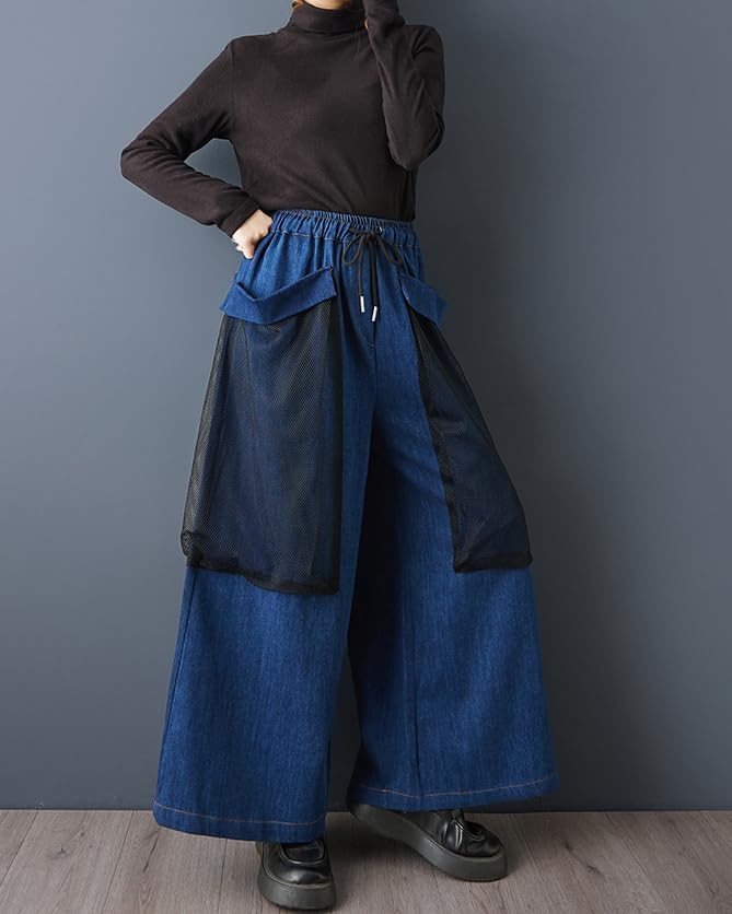 ellazhu Women's Pants Loose Wide Leg High Elastic Waist Mesh Patchwork GZ785 A - Image 4