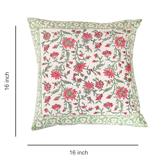 Image of Cotton Cushion Covers 16x16 Inch - Hand Block Floral Print Pillow Covers for Sofa, Couch & Bedroom (Pack of 5) (Green)