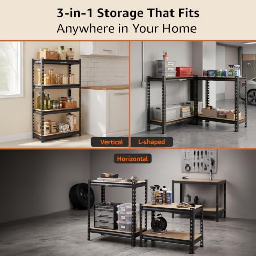 Image of Amazon Basics 4-Tier Storage Rack | Bolt-Free Assembly | Metal Stand & Thick MDF Board | 175kg Capacity Per Shelf | 54H x 24W x 12D inch Adjustable Shelf Rack for Home, Garage & Shop | Black