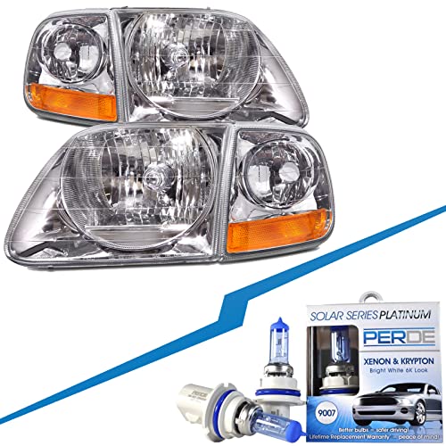 HEADLIGHTSDEPOT Halogen Lightning Style Headlights with Corners Compatible with Ford Expedition F-150 F-250 Super Duty Includes Left Driver and Right Passenger Side Headlamps and Corners