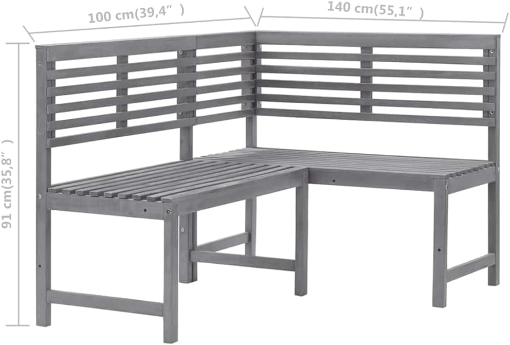 vidaXL Patio Corner Bench, Outdoor Wooden Bench for Garden Park Potting Picnic, Solid Acacia Wood, Easy Assembly, 39.4" x 55.1" x 35.8" Grey