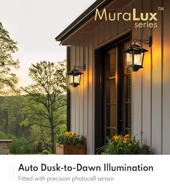 2 Pack Solar Wall Lanterns with Replaceable Bulb, Outdoor Hanging Solar Lights with 4 Solar Panels, Dusk to Dawn Led Outdoor Wall Sconce, Anti-Rust Waterproof Wall Lanterns with Hooks