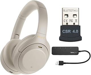 Sony WH-1000XM4 Wireless Noise Canceling Over-Ear Headphones (Silver) Bundle with 4 Port USB 3.0 Hub and USB Bluetooth Dongle Adapter Work from Home (3 Items)