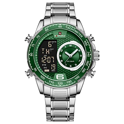 NAVIFORCE Mens Multifunction Waterproof Sport Analog Digital Quartz Stainless Steel Watch With Chronograph Dual Time Alarm Sig Snooze Function, Silver+Green, Japanese (B09ZPGQ6XZ) Amazon Price History, Amazon Price Tracker