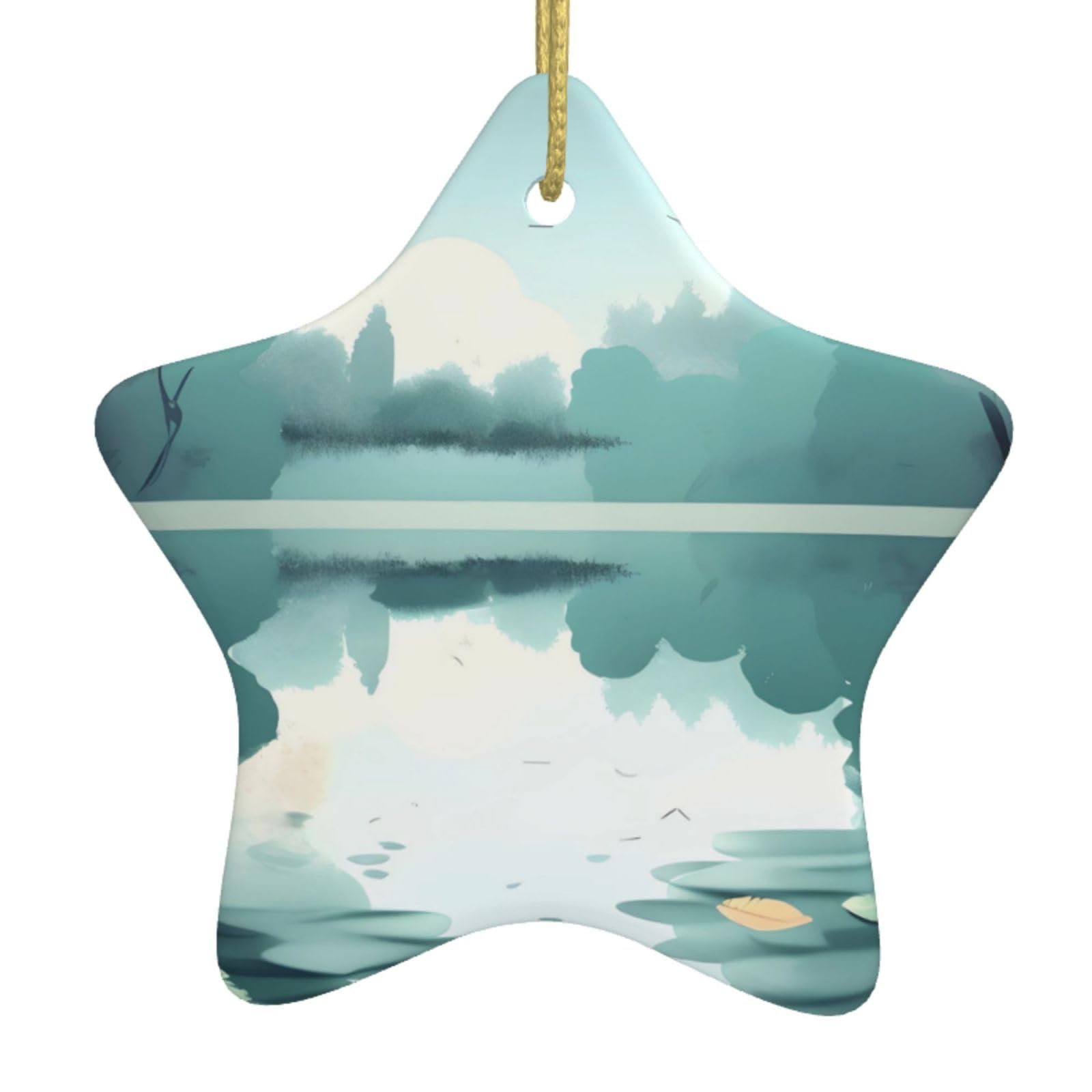 Fallen Leaves on a Tranquil Lake Christmas Ceramic Star Pendant with Punched Holes and Gold Wire Rope, Christmas Tree Home Decoration