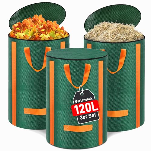 3x Gartenabfallsack stabil 120L - Selbststehend Gartensack Laubsack mit Deckel, Wiederverwendbar Grünschnittsack Laubsammler Korrosionsbeständig für Gartenabfälle und Grünschnitt
