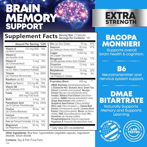 Brain Memory Supplement Pills - 3X Strength Nootropics for Concentration, Clarity & Focus Support - Brain Health Cognitive Vitamins with Bacopa, Phosphatidylserine & DMAE, Brain Booster - 240 Capsules - Image 3
