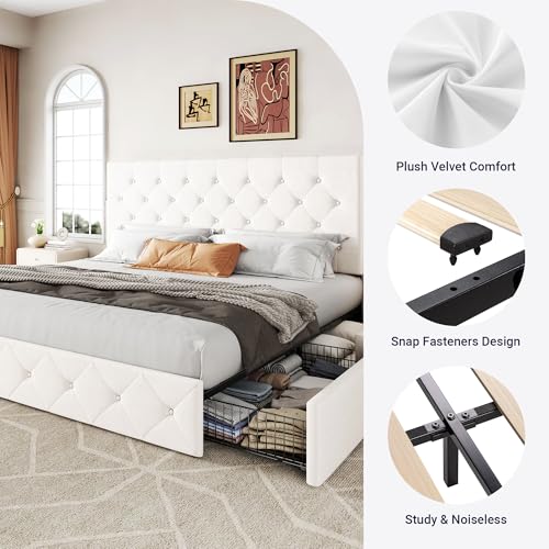 Image of Allewie Upholstered King Size Platform Bed Frame with 4 Storage Drawers and Adjustable Headboard, Diamond Button Tufted, Wooden Slats Support, Noise-Free, No Box Spring Needed, Easy Assembly, White