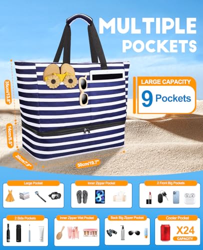 beach bag with cooler 49l large family beach tote with zipper waterproof sandproof beach bags for women and men foldable lightweight travel bag for pool picnic gym