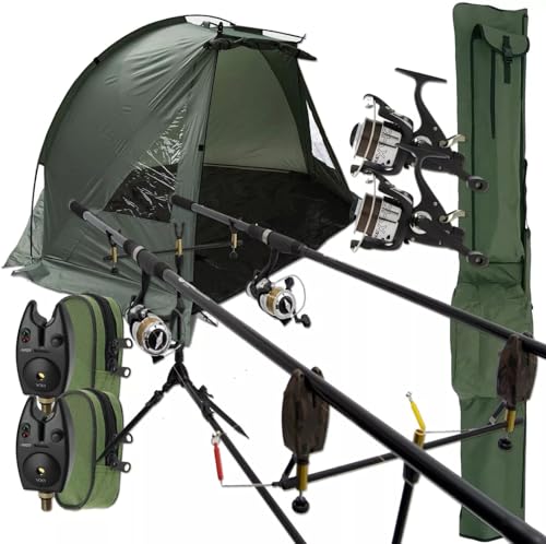Carp Fishing Setup with Bivvy, 12ft Rods & Reels