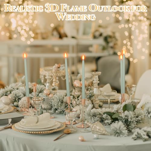 Image of Handepo 48 Pack Flameless Taper Candles Realistic with Flickering Candlelights Plastic 11 Inch Last Long Battery Operated Window Candlestick for Halloween Christmas(Sage Green)