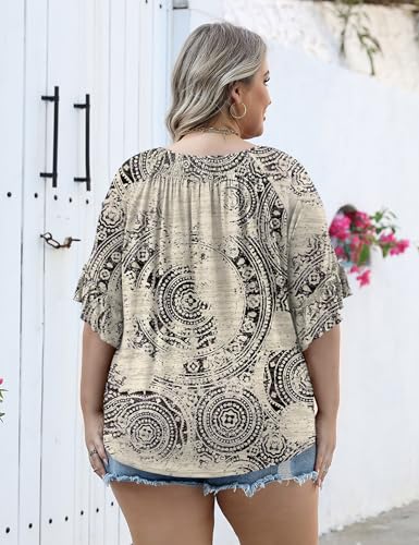 Image of Micoson Womens Plus Size Tops 3 /4 Ruffle Sleeve Crewneck Pleated Shirts