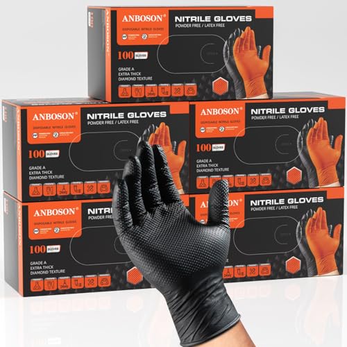 Image of ANBOSON 10 Mil Heavy Duty Industrial Nitrile Gloves, Black Medium 500 Count | 500 Ct Diamond Texture, Disposable Latex Free Rubber Gloves for Auto Repair,Workshop,Warehouses,Chemical Handling Industrial
