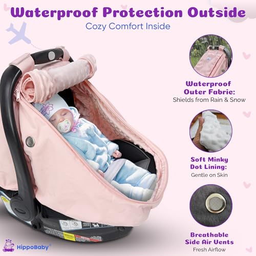 Image of HippoBaby Waterproof Baby Car Seat Cover | Windproof Carseat Cover for Babies | Infant Car Seat Canopy for Boys and Girls | Keeps Babies Warm & Comfy (Pink)