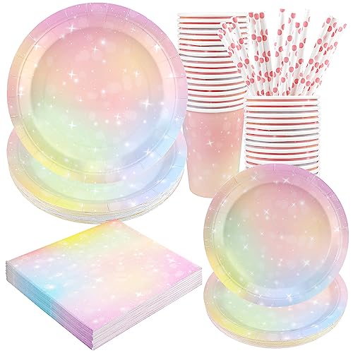 Image of Pastel Birthday Party Supplies Decorations, Rainbow Theme Birthday Paper Plates and Napkins Set with Cups and Straws for 24 Guests, 120 Pcs Disposable Party Dessert Dinnerwares