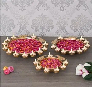 Metal Decorative Peacock Urli Bowl for Floating Flowers Tea Light Diyas Festival Decoration Home Set of 3 Round Urli Gold for Diwali