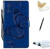 TOUCASA Huawei Honor 6X Handyhülle,Huawei Honor 6X Hülle, Brieftasche flip PU Leder ledercaseHülle Kartenfächer [3D Butterfly] [3D Schmetterling] Embossed Technology für Huawei Honor 6X-（Blau）