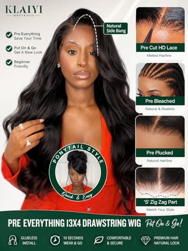 Image of KLAIYI Loose Body Wave Pre Everything Glueless 13x4Lace Front Wigs Human Hair Layered Face Framing Side Bang Drawstring Pre Plucked Bleached Bye Bye Knots 3S Ready to Wear and Go Wig for Women 26Inch