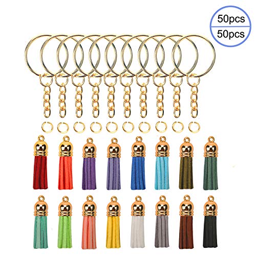 OOTSR 50 Sätze von Schlüsselanhänger Bulk, inklusive Schlüsselring mit Gliederkette, offener Biegering, Wildleder-Quaste für Schlüsselanhänger/Schmuckherstellung/Dekor (Gold)