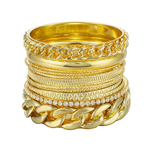 ENSOUL Fashion Gold Color Multiple Textured Metal Bracelets & Bangles Set 14Pcs/Set W/Rhinestones