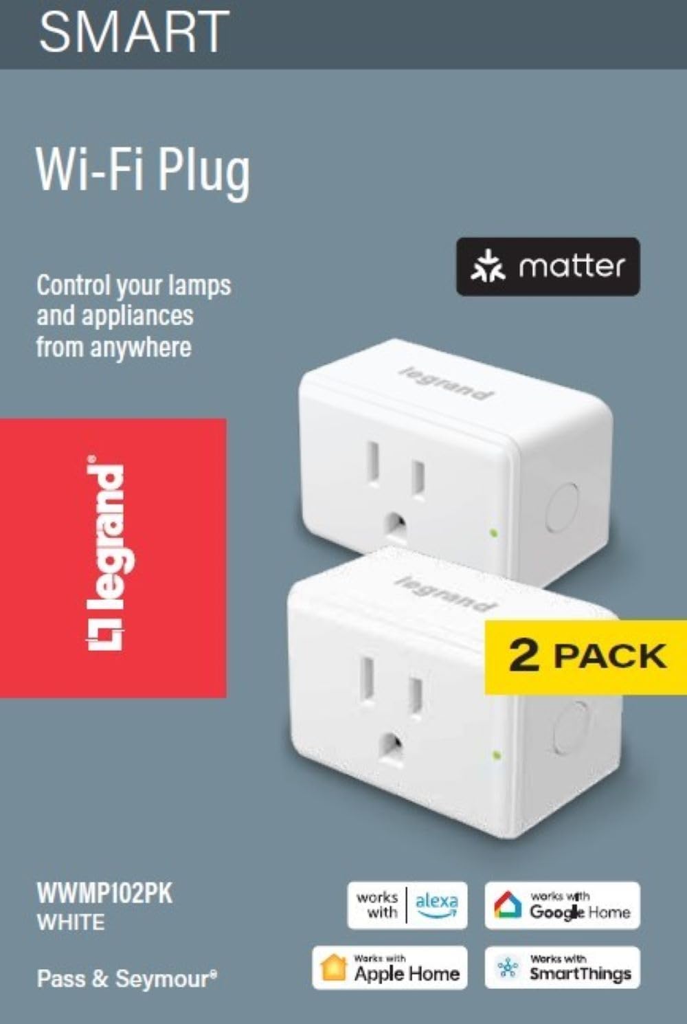 Legrand Radiant® Wi-Fi Matter Smart Plug Matter Hub Required 15A, Easy Setup, Enhanced Compatibility with Apple HomeKit, Google Home, Alexa & SmartThings, Easy Wi-Fi Connectivity w/ Matter (2 Pack)