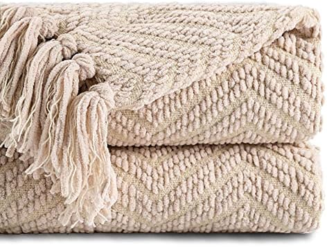 BATTILO HOME Beige Throw Blanket for Couch, Knitted Beige Blanket for Bed, Neutral Throw Blanket Warm Decorative Tan Throw Blanket for Sofa Living Room, 50″ x 60″