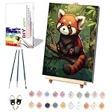 Pujeknm Roter Panda Malen Nach Zahlen ab 5 6 7 Jahre Mädchen mit Rahmen - Holzstaffelei, Tiere Malen Nach Zahlen für Kinder Acrylfarben mit als Geschenk, Mittel 30x20 cm (Süßes Rotpanda)