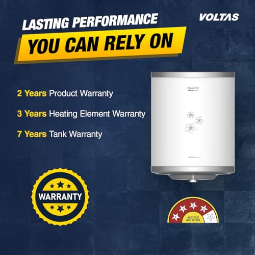 Image of Voltas Aqua Prime 10L Water Heater 2000W, Warranty of 7 years on Tank, 3 Years on Heating Element, 2 Years on Product by Voltas|Free Installation| Free Connecting Pipe|Copper Element|8 Bar (White)
