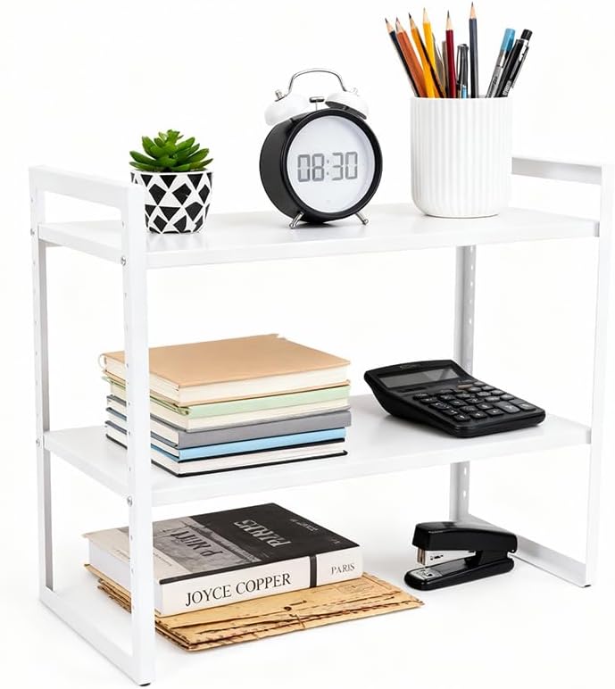 Office Desk Shelf Organizer, Metal Desktop Bookshelf Storage Rack, Height Adjustable Countertop Shelf for Study Room, Home Office, Multipurpose Storage for Books, Files, Stationery and Desk Essentials