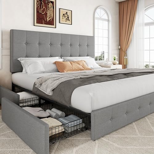 Allewie Upholstered King Size Platform Bed Frame with 4 Storage D...
