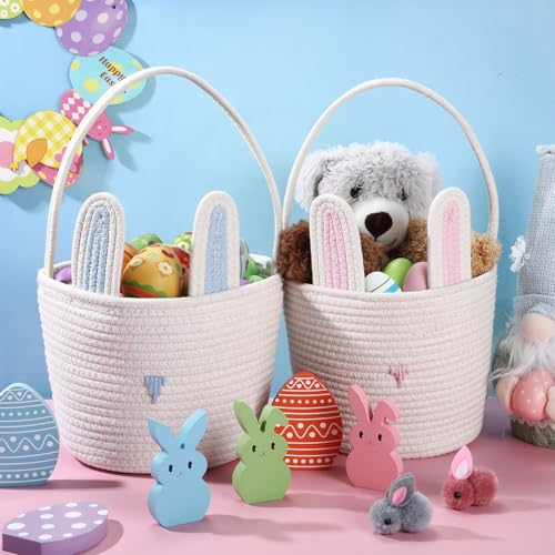 Image of Beeveer 6 Pack Easter Baskets with Handle Woven Bunny Egg Hunt Basket with Rabbit Ears Print Bags Empty Easter Treat Bag Cotton Woven Egg Box for Gifts Party Decorations Favors(Colorful)