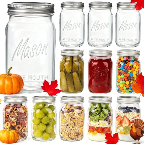 WELLIFE Wide Mouth Mason Jars, 12 Pack Mason Jars 32 oz for Pickling, Canning, Fermenting and Food Storage, Microwave & Dishwasher Safe