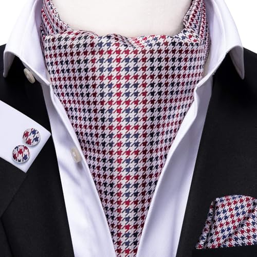 Image of Hi-Tie Silk Ascot for Men Self Tie Men's Cravat and Flower Lapel Pin Handkerchief Cufflinks Set for Wedding Party