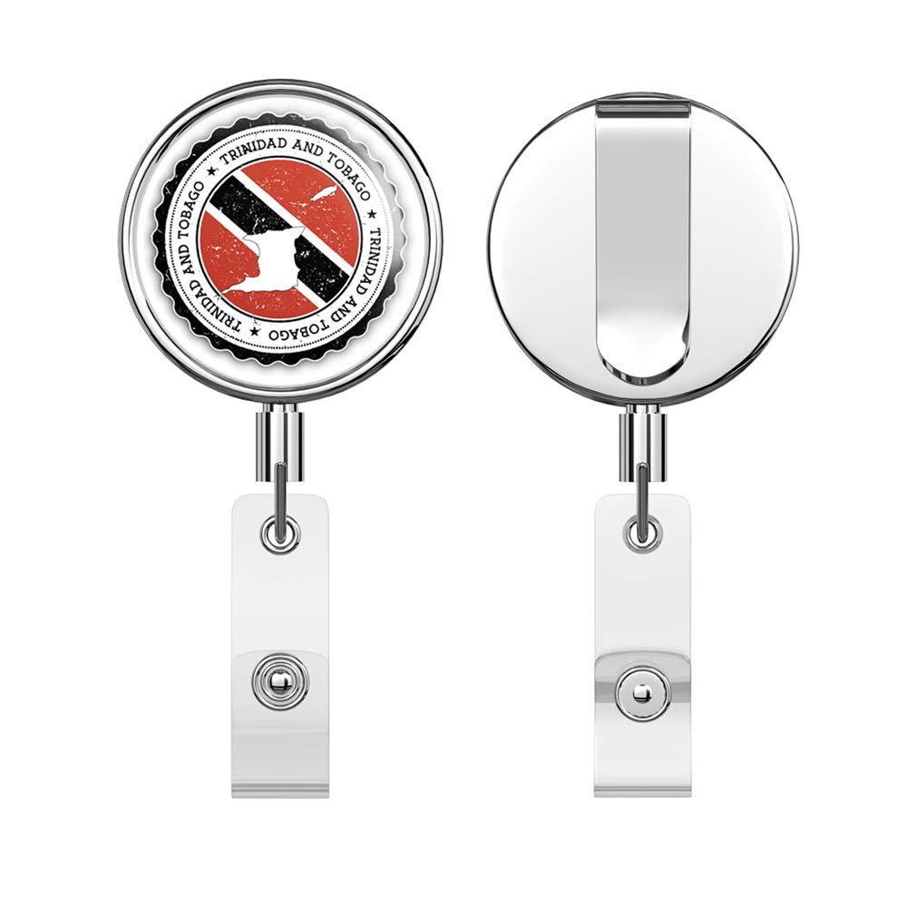 Trinidad and Tobago Grunge Map Flag Stamp Round ID Badge Key Card Tag Holder Badge Retractable Reel Badge Holder with Belt Clip