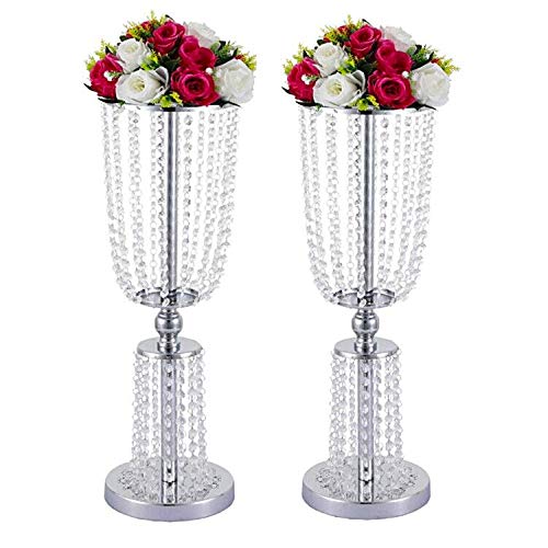 LoveCat 2 Pcs of Silver Wedding Centerpieces Flower Vases, Metal Centerpiece Vases, Wedding Road-Leading Flower Stands,24.4inch/62cm Home Decor Vases with 2-Tier Acrylic Crystal Strings