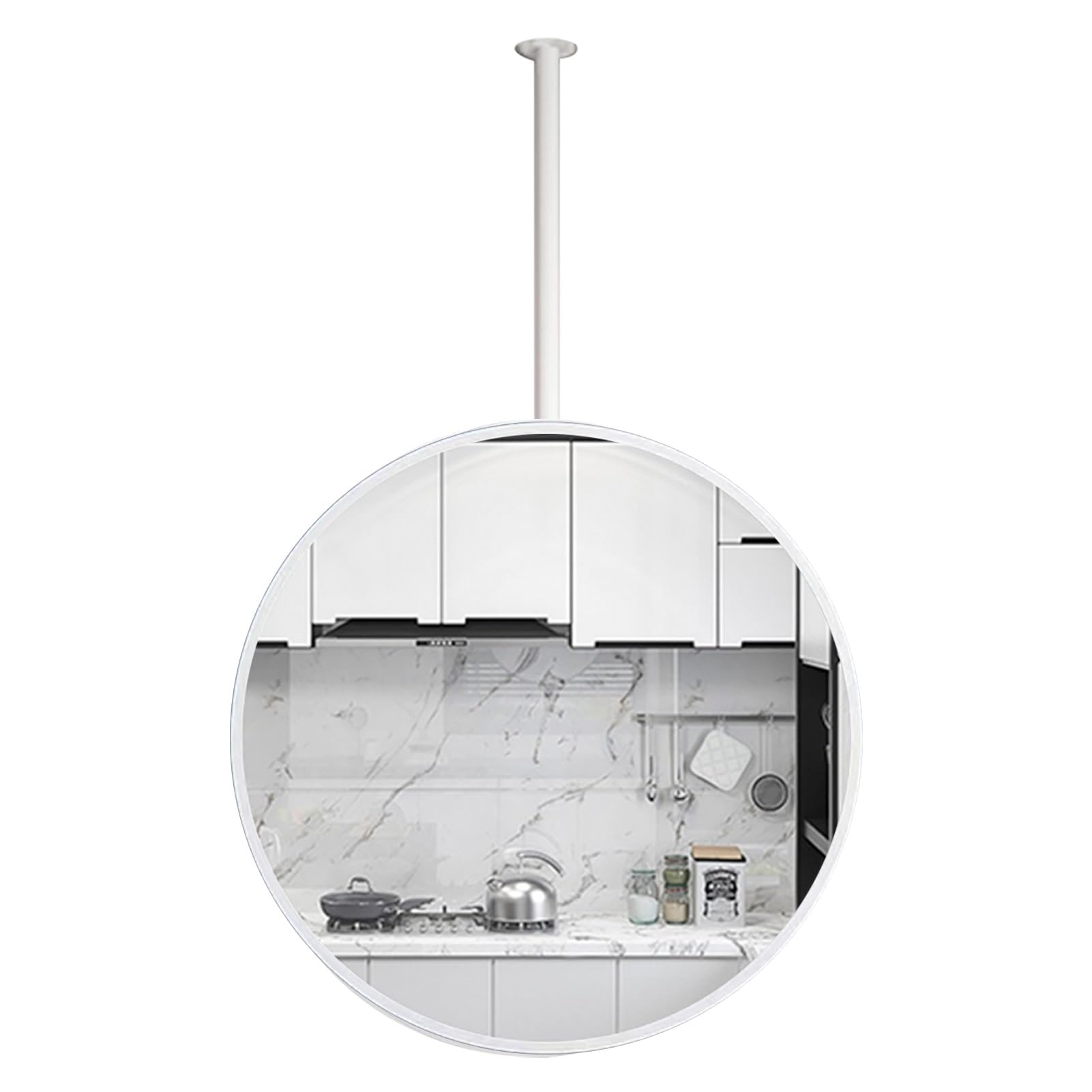 Fitlin Customizable Round Wall Mirror with Hanging Rod Ceiling Mounted White Metal Makeup Mirror for ty Stylish Home Decor Space Saving Design(Diameter-40CM/15.7INCH)