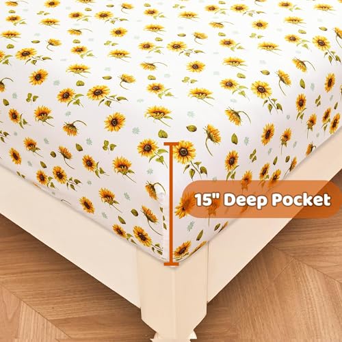 Image of Softan Floral Sheet Set Full, Sunflower Printed Bed Sheets Double, Brushed Microfiber Fitted Sheet with 15 inch Deep Pocket & Non-Slip Straps, Yellow Flower Pattern Sheet & Pillowcase Sets