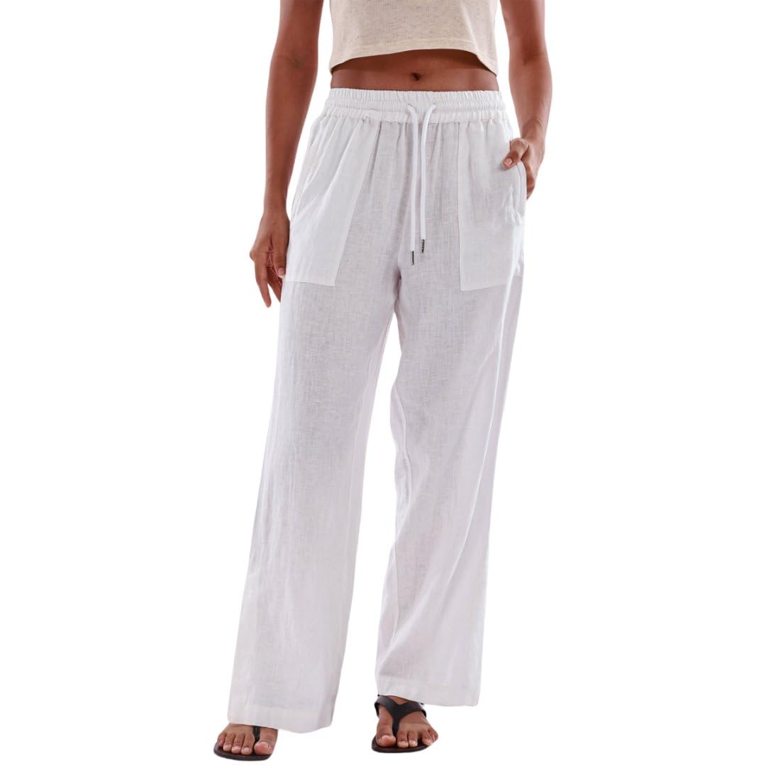 Amazhiyu Pantaloni da donna in 100% lino, gamba larga, elastici, con spacco laterale e tasche