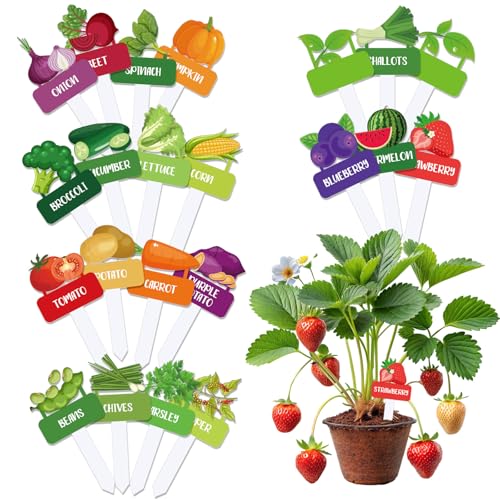 Whaline 22Pcs Acrylic Vegetable Plant Label Signs 22 Styles Funny Cartoon Garden Markers Waterproof Potted Plant Stake Tags with Names for Nursery Indoor Outdoor Garden Decoration