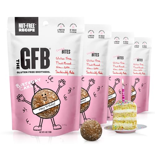 The GFB Birthday Cake Allergen Friendly Protein Bites | Gluten Free Nut Free Snacks | Super Tasty Plant Based Protein Balls | Travel Ready Non-GMO, Kosher &amp; Vegan Snacks | Resealable 4oz Bags, 4 Pack