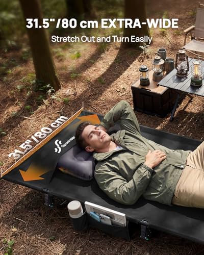 Sportneer Cuna de campamento: catres de dormir compactos extra anchos de 31.5 pulgadas con bolsillo lateral, cuna plegable ligera para camping, viajes, tienda de campaña, bolsa de transporte incluida, - imagen 3