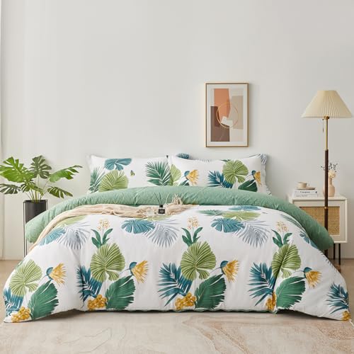 SAPHREAS Tropical Palm Leaves Full Size Duvet Cover Set 3pcs Botanical Monstera Leaf Bedding Comforter Cover Set 1 Duvet Cover 2 Pillow Shams, Comforter Not Included