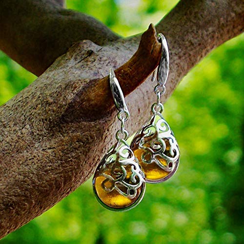 Bottled Up Designs Handmade Filigree Teardrop Earrings, Recycled Vintage Glass Bottle, Sterling Silver, Eco Friendly, Made in USA, Mothers Day, Women, Anniversary (Brown Bleach Jug)